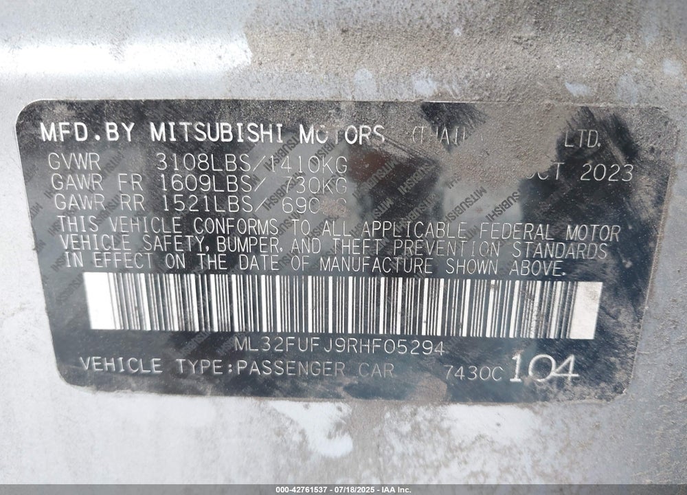 2024 MITSUBISHI MIRAGE G4 VIN: ML32FUFJ9RHF05294