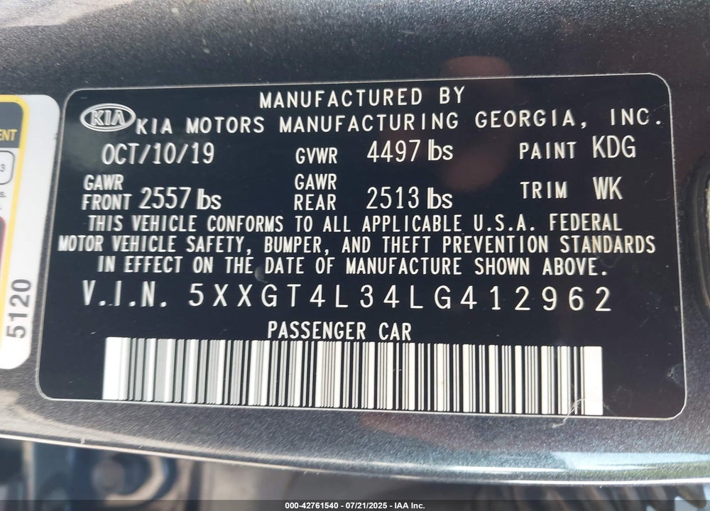2020 KIA OPTIMA VIN: 5XXGT4L34LG412962