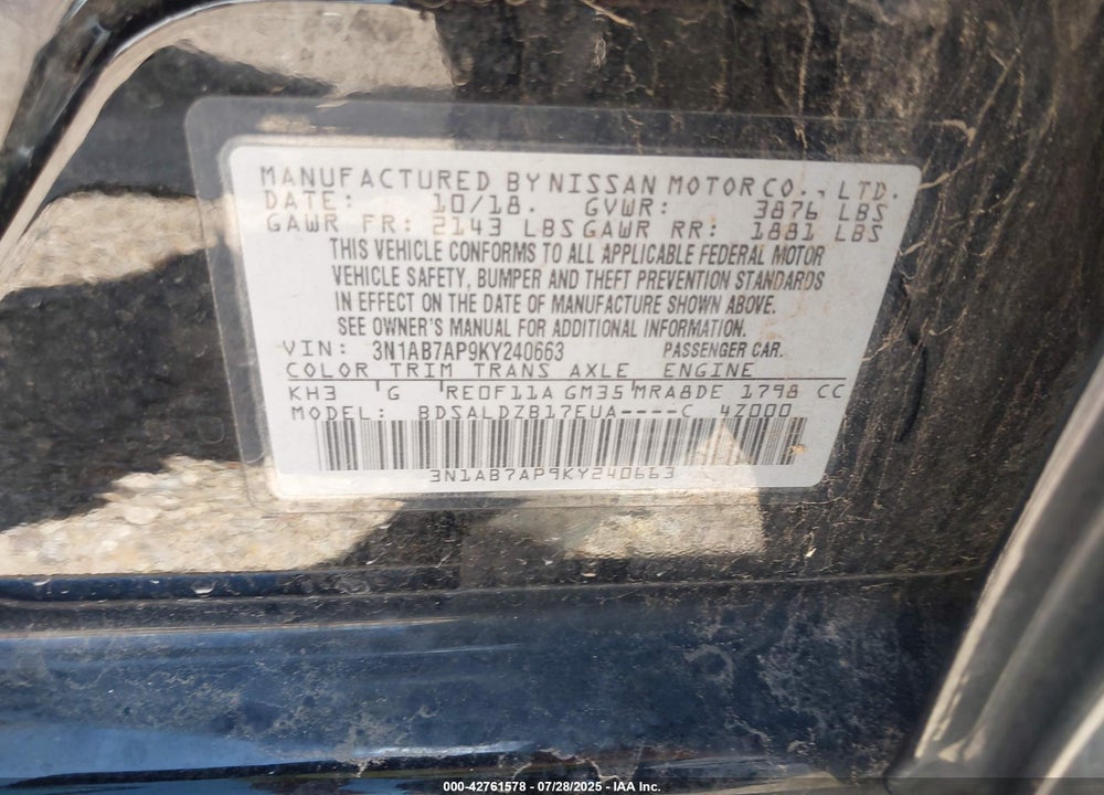 2019 NISSAN SENTRA VIN: 3N1AB7AP9KY240663