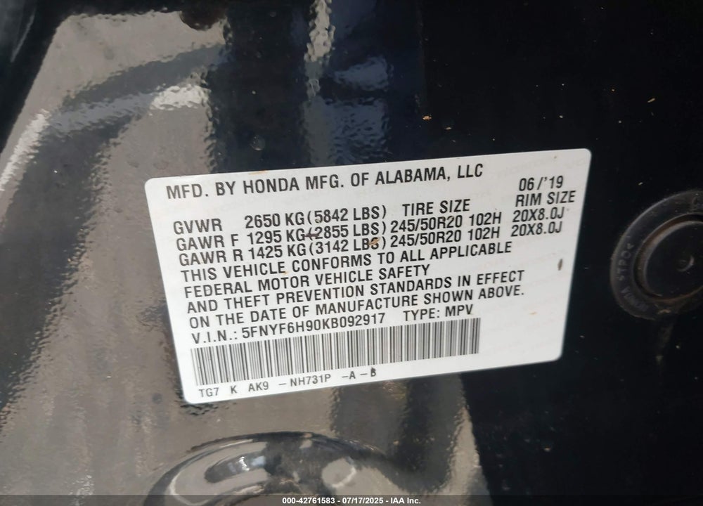 2019 HONDA PILOT TOURING VIN: 5FNYF6H90KB092917