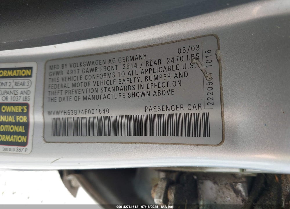 2004 VOLKSWAGEN PASSAT GLX VIN: WVWYH63B74E001540