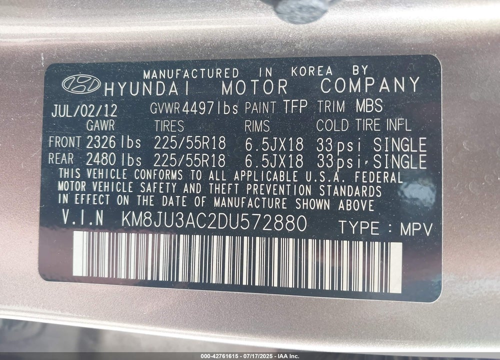 2013 HYUNDAI TUCSON VIN: KM8JU3AC2DU572880