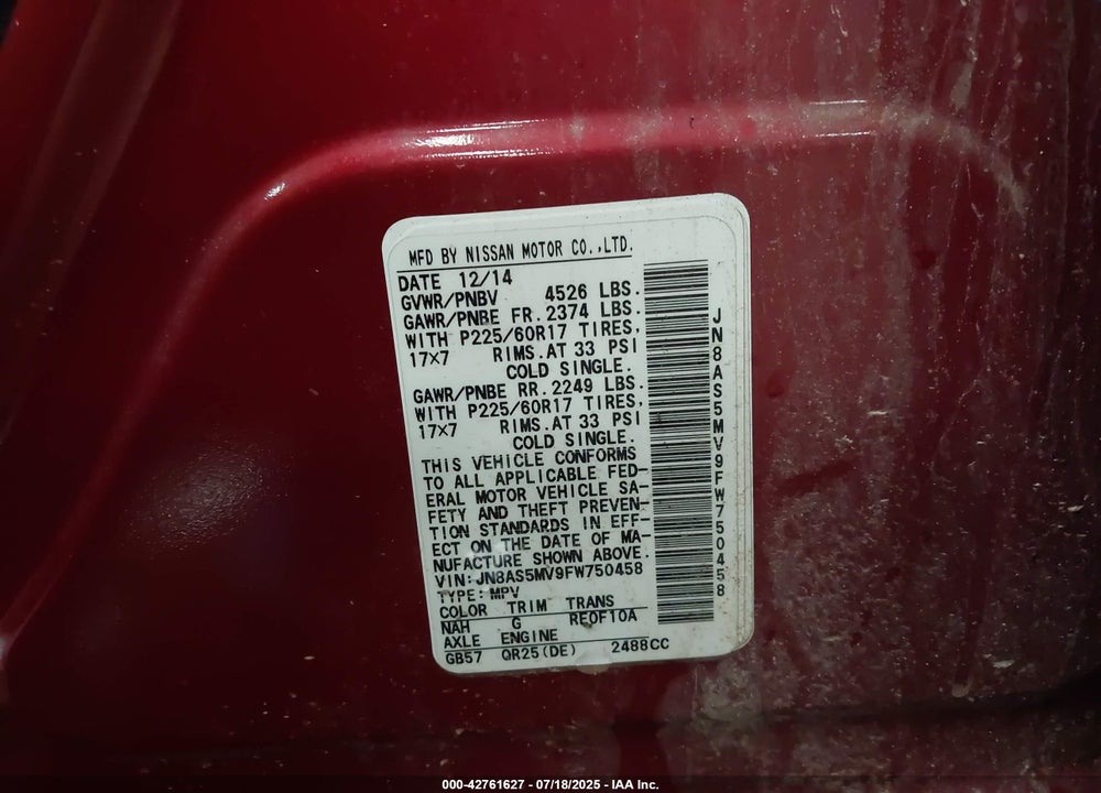 2015 NISSAN ROGUE SELECT S VIN: JN8AS5MV9FW750458