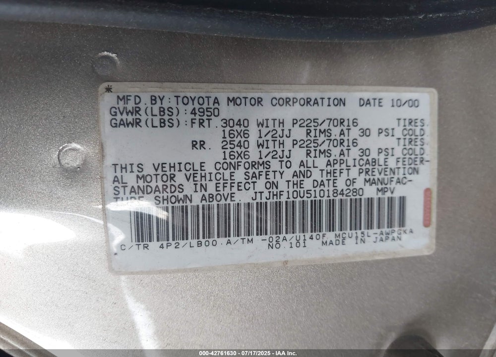 2001 LEXUS RX 300 VIN: JTJHF10U510184280