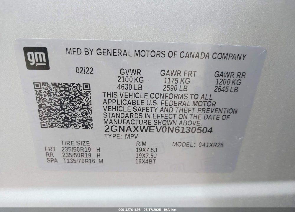 2022 CHEVROLET EQUINOX VIN: 2GNAXWEV0N6130504
