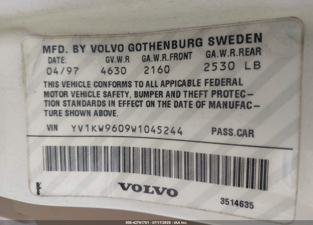 1998 VOLVO V90 VIN: YV1KW9609W1045244