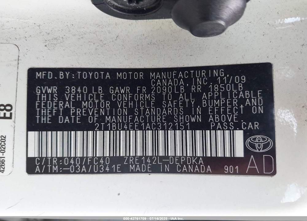 2010 TOYOTA COROLLA VIN: 2T1BU4EE1AC312151