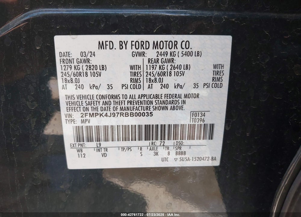 2024 FORD EDGE SEL VIN: 2FMPK4J97RBB00035