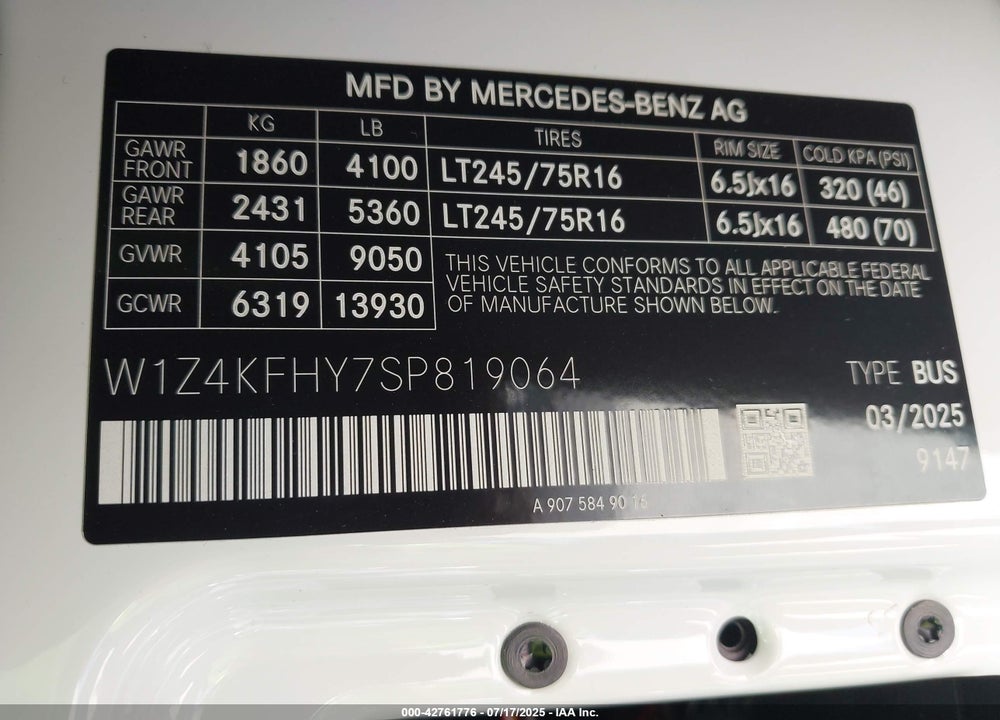 2025 MERCEDES-BENZ SPRINTER 2500 STANDARD ROOF 4-CYL DIESEL VIN: W1Z4KFHY7SP819064
