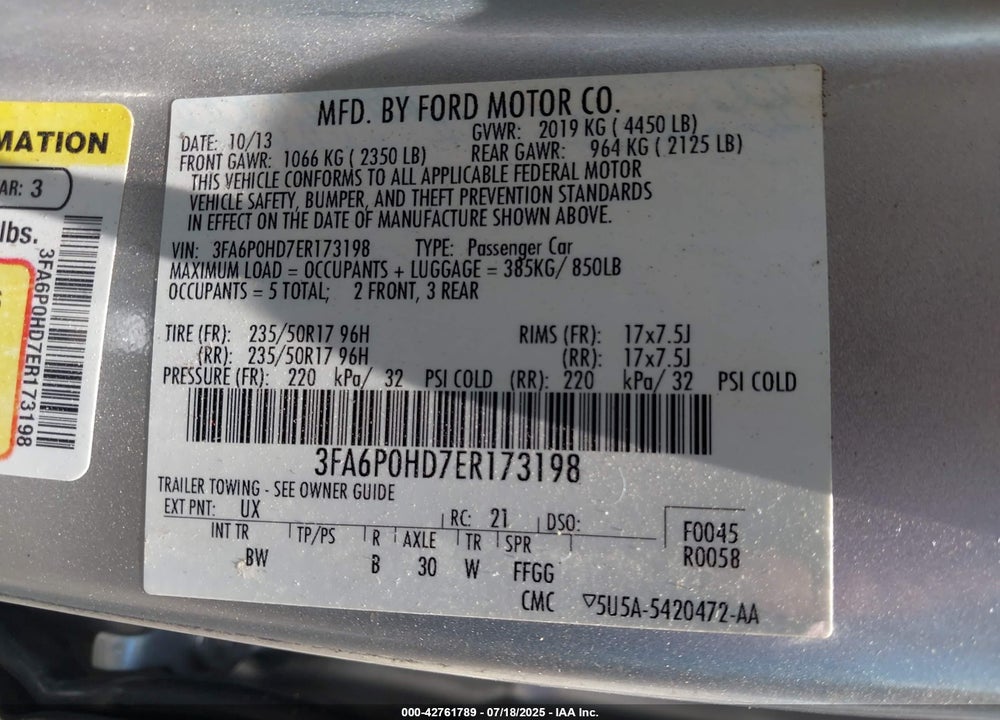 2014 FORD FUSION VIN: 3FA6P0HD7ER173198