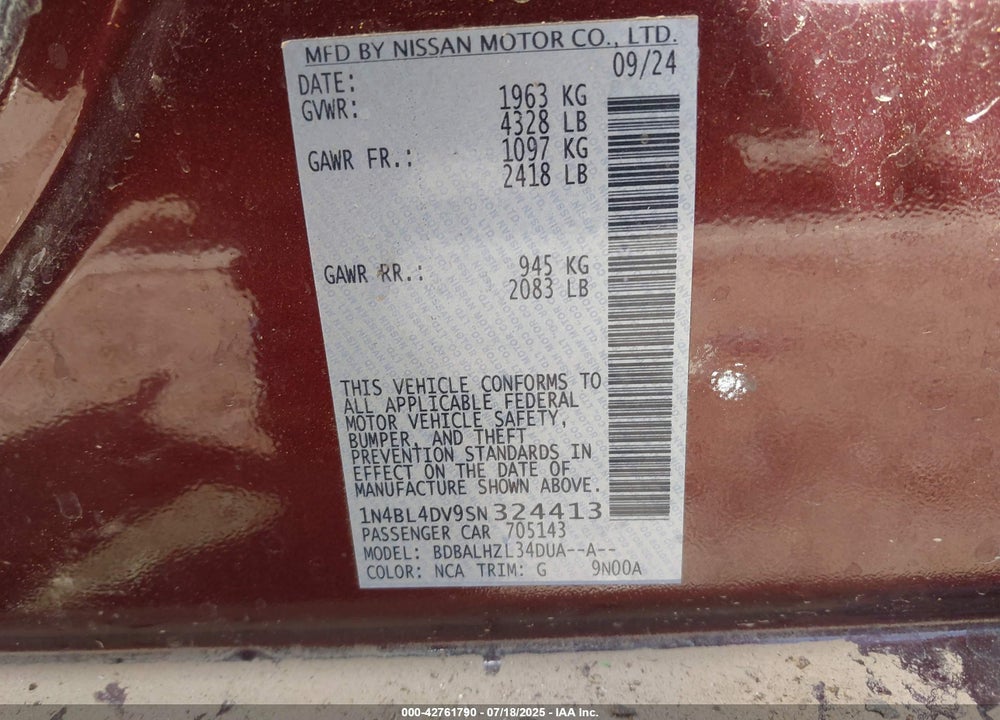 2025 NISSAN ALTIMA VIN: 1N4BL4DV9SN324413