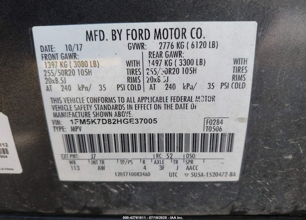 2017 FORD EXPLORER VIN: 1FM5K7D82HGE37005
