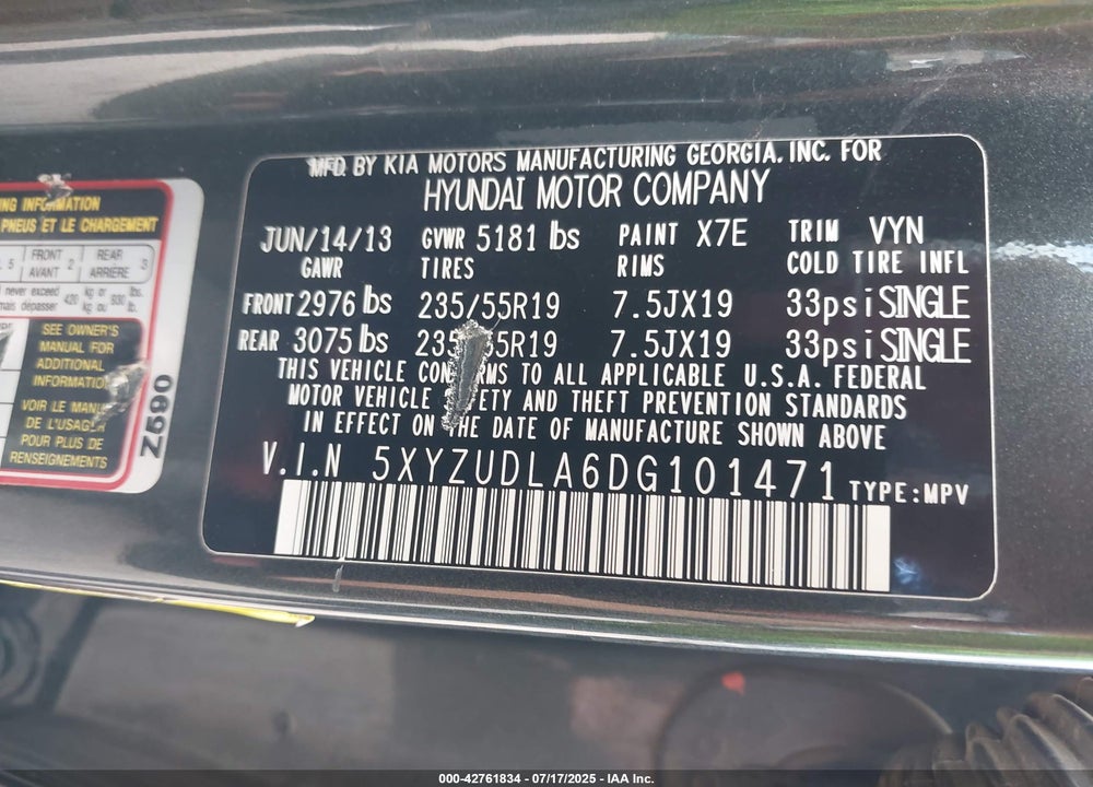 2013 HYUNDAI SANTA FE VIN: 5XYZUDLA6DG101471