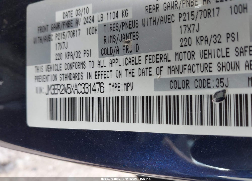 2010 MAZDA CX-7 VIN: JM3ER2W5XA0331476