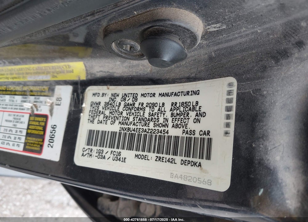 2010 TOYOTA COROLLA VIN: 1NXBU4EE3AZ223454