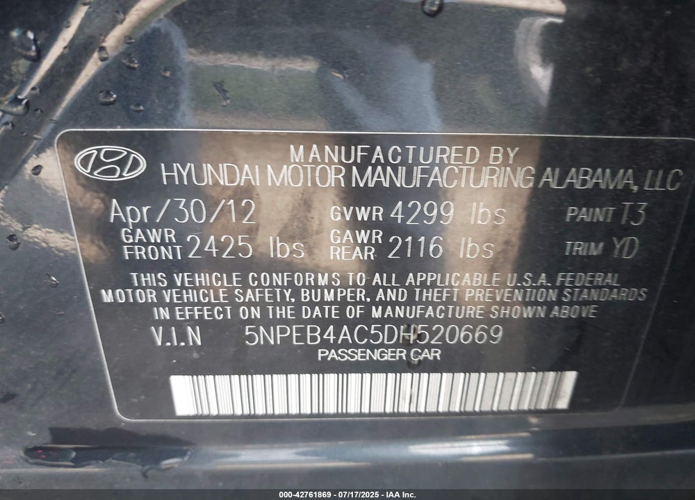 2013 HYUNDAI SONATA VIN: 5NPEB4AC5DH520669
