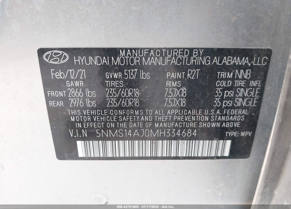 2021 HYUNDAI SANTA FE VIN: 5NMS14AJ0MH334684