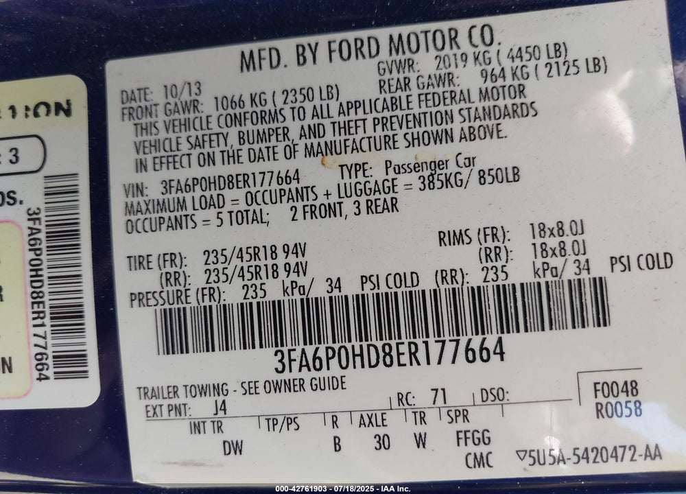 2014 FORD FUSION VIN: 3FA6P0HD8ER177664