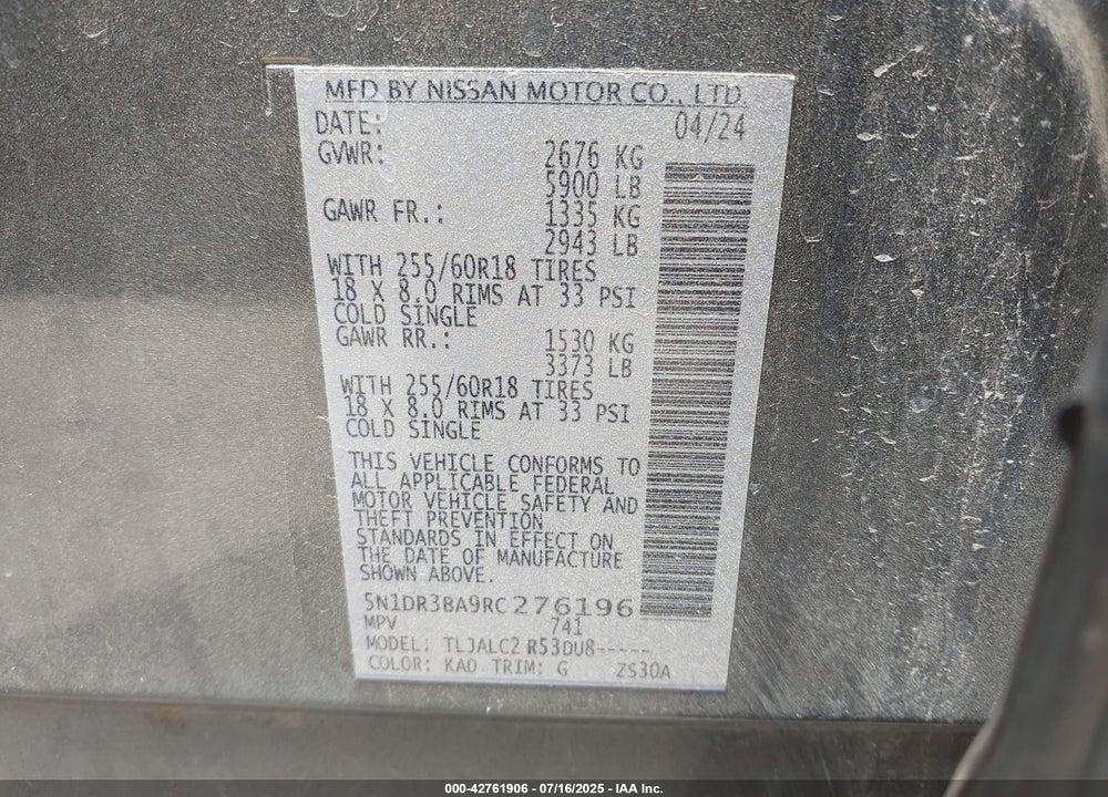2024 NISSAN PATHFINDER VIN: 5N1DR3BA9RC276196
