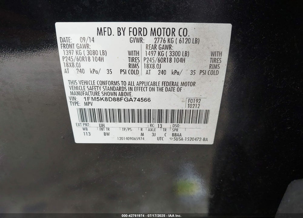 2015 FORD EXPLORER XLT VIN: 1FM5K8D88FGA74566