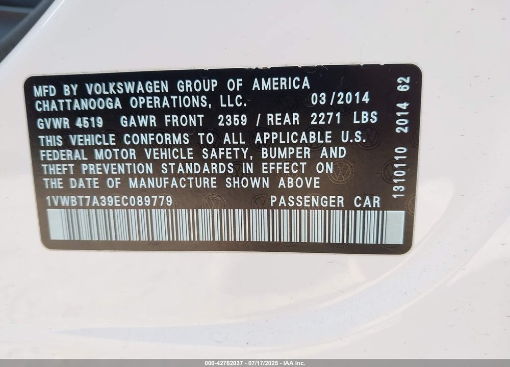 2014 VOLKSWAGEN PASSAT VIN: 1VWBT7A39EC089779