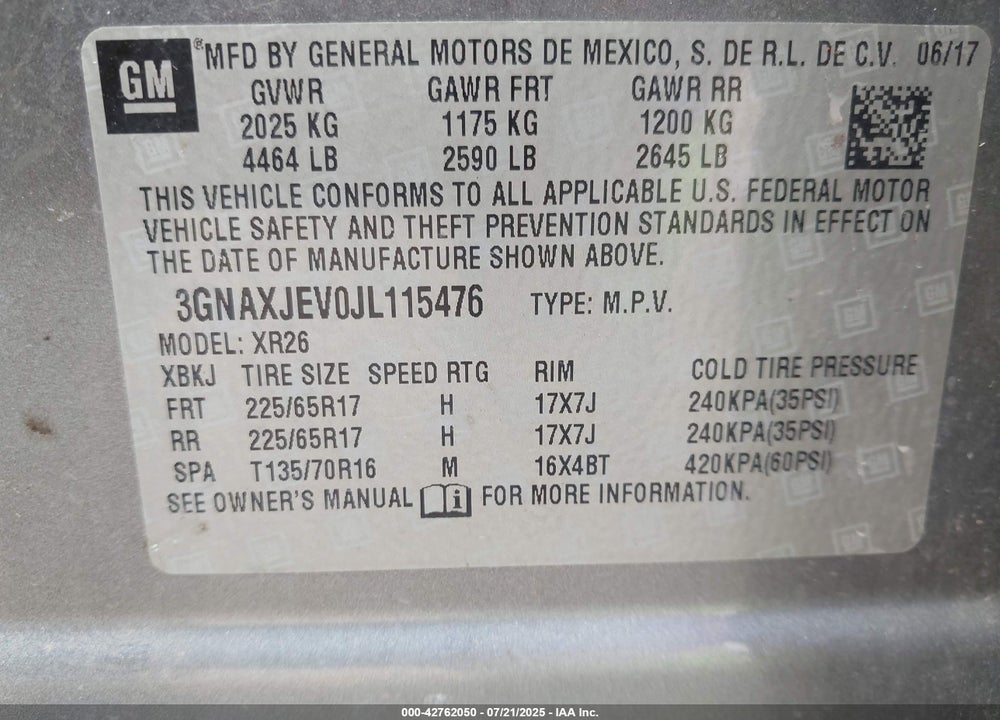 2018 CHEVROLET EQUINOX VIN: 3GNAXJEV0JL115476