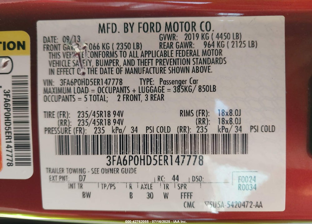 2014 FORD FUSION VIN: 3FA6P0HD5ER147778