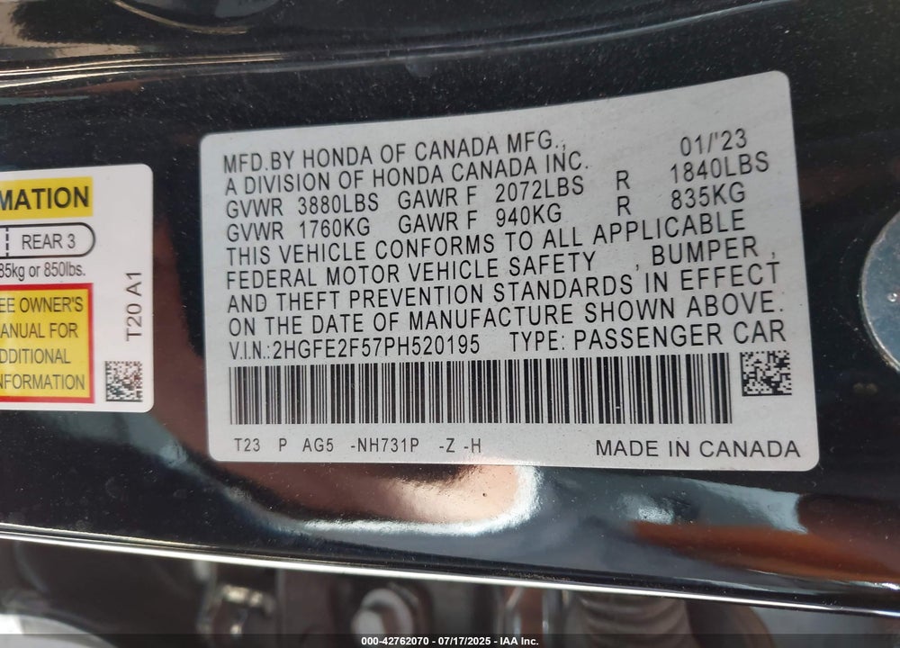 2023 HONDA CIVIC VIN: 2HGFE2F57PH520195