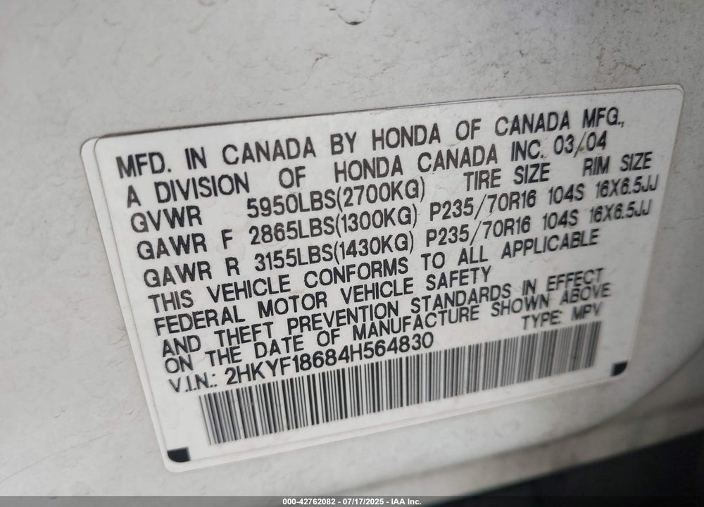 2004 HONDA PILOT EX-L VIN: 2HKYF18684H564830