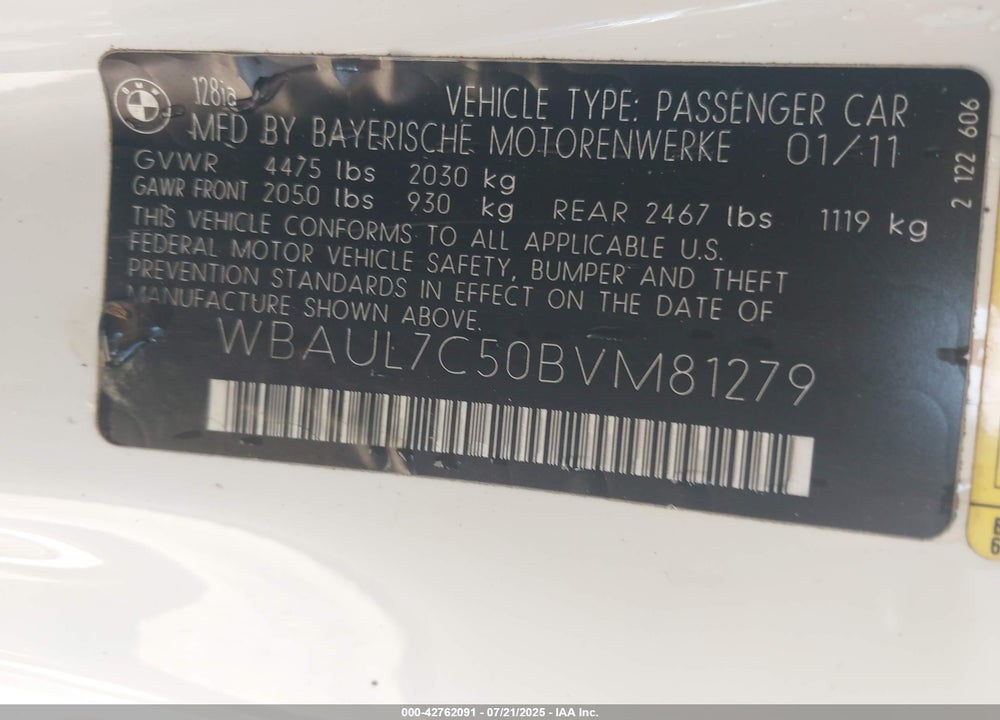 2011 BMW 128I VIN: WBAUL7C50BVM81279