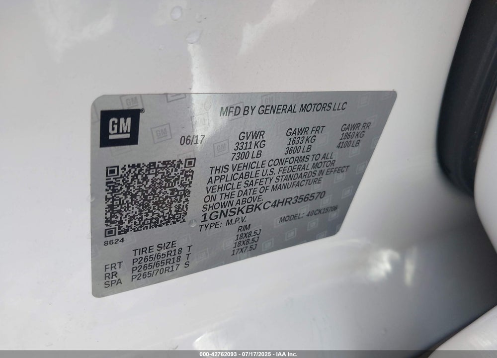 2017 CHEVROLET TAHOE LT VIN: 1GNSKBKC4HR356570