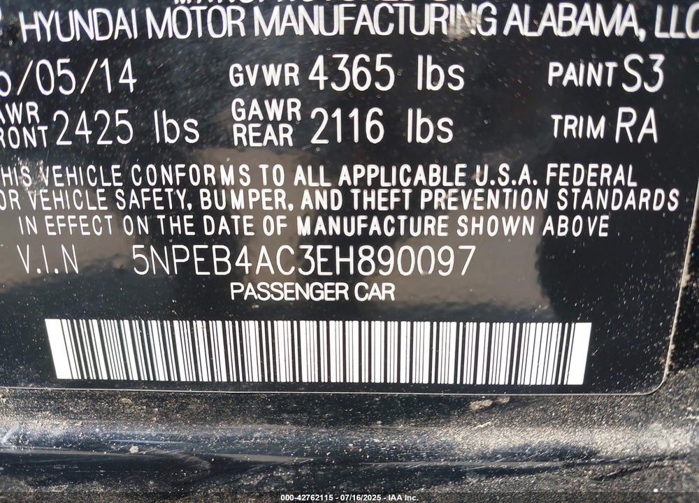 2014 HYUNDAI SONATA GLS VIN: 5NPEB4AC3EH890097