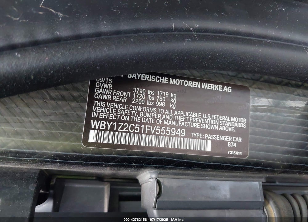 2015 BMW I3 VIN: WBY1Z2C51FV555949