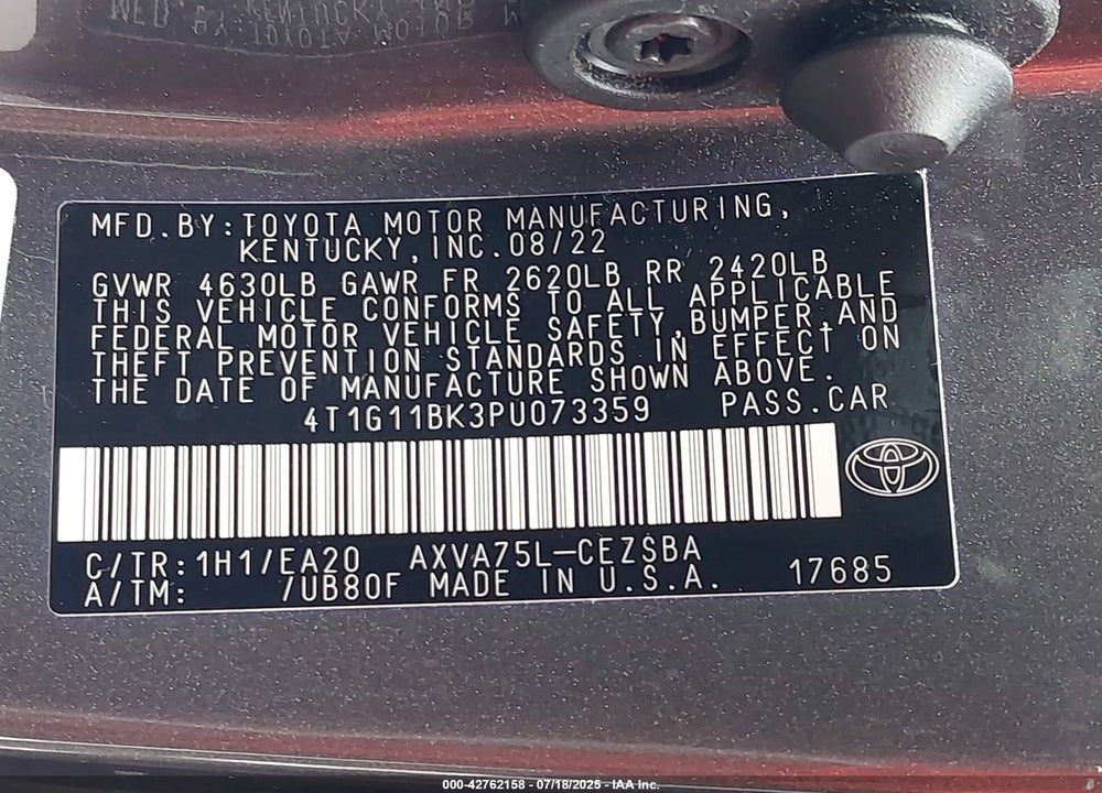 2023 TOYOTA CAMRY VIN: 4T1G11BK3PU073359