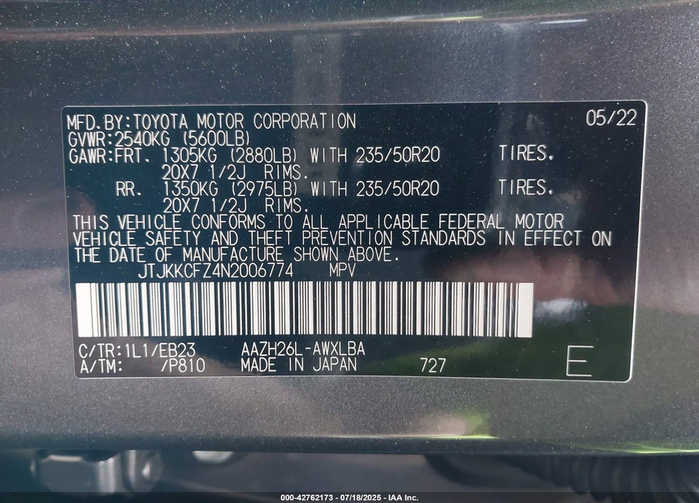 2022 LEXUS NX450H+ VIN: JTJKKCFZ4N2006774