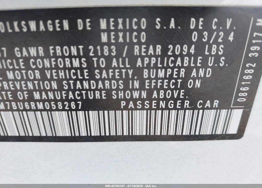 2024 VOLKSWAGEN JETTA 1.5T S VIN: 3VW5M7BU6RM058267