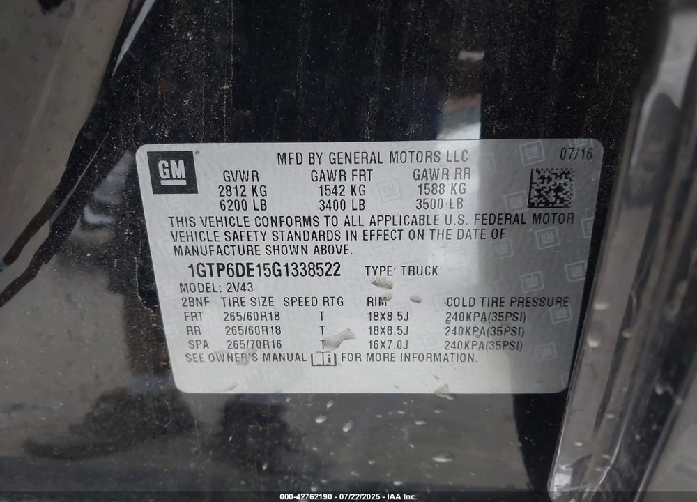 2016 GMC CANYON SLT VIN: 1GTP6DE15G1338522
