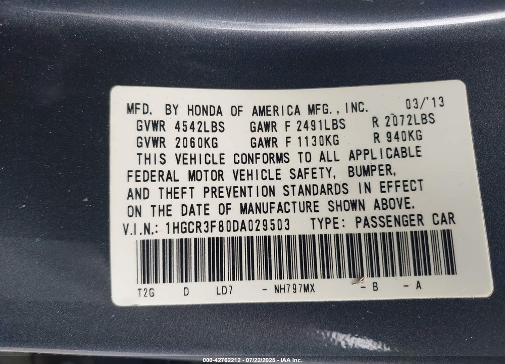 2013 HONDA ACCORD VIN: 1HGCR3F80DA029503