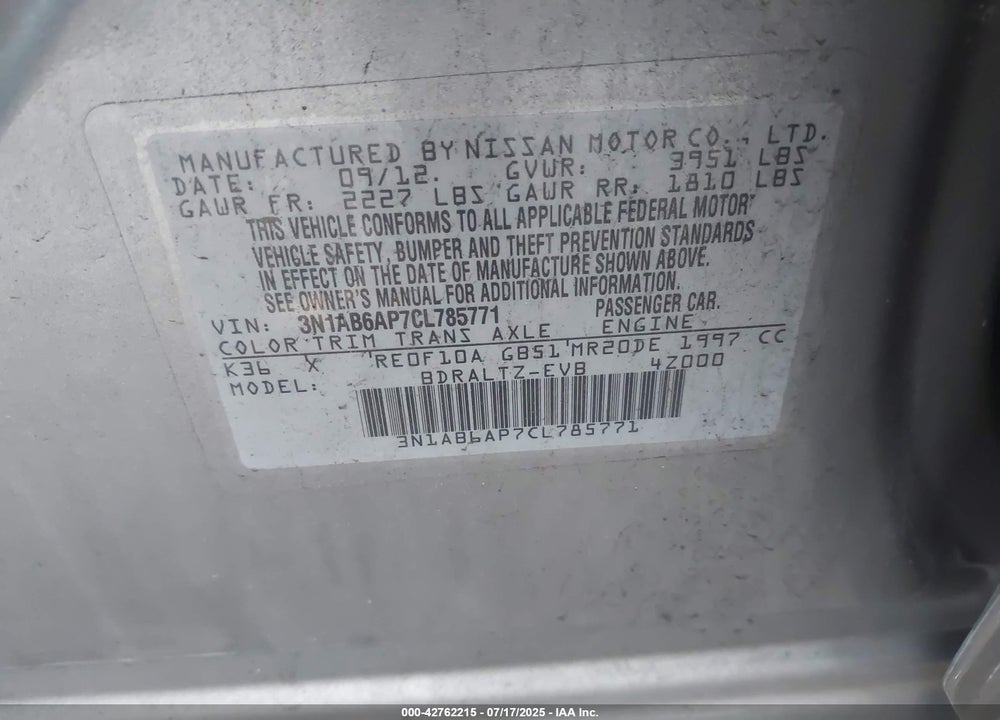 2012 NISSAN SENTRA VIN: 3N1AB6AP7CL785771