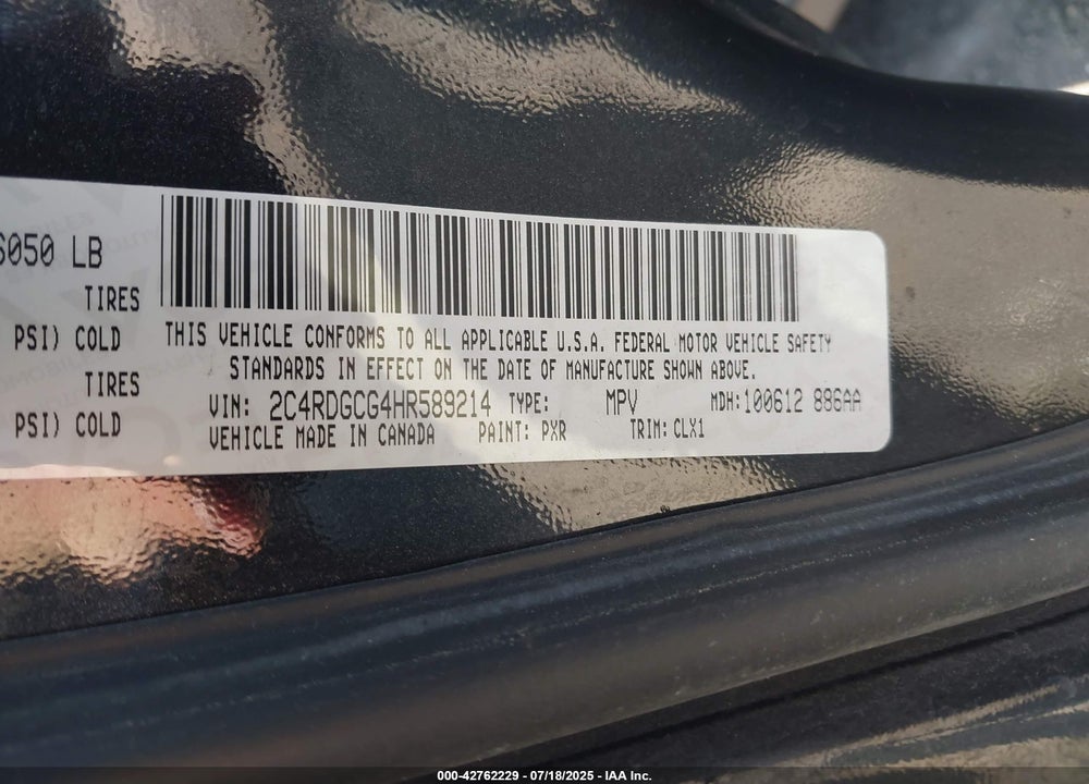2017 DODGE GRAND CARAVAN SXT VIN: 2C4RDGCG4HR589214