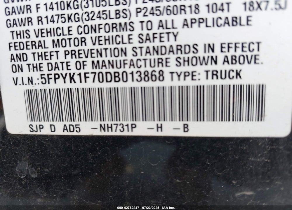2013 HONDA RIDGELINE VIN: 5FPYK1F70DB013868