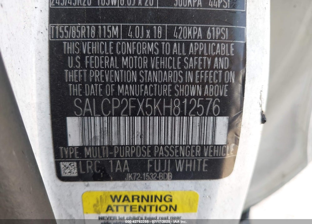 2019 LAND ROVER DISCOVERY SPORT VIN: SALCP2FX5KH812576