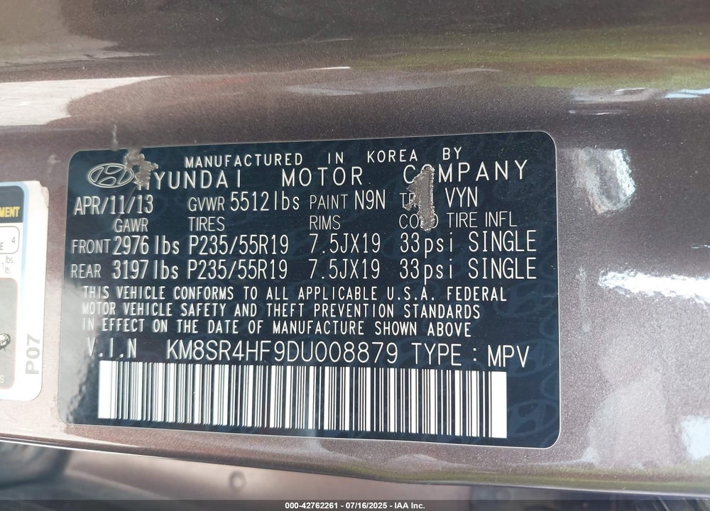 2013 HYUNDAI SANTA FE VIN: KM8SR4HF9DU008879