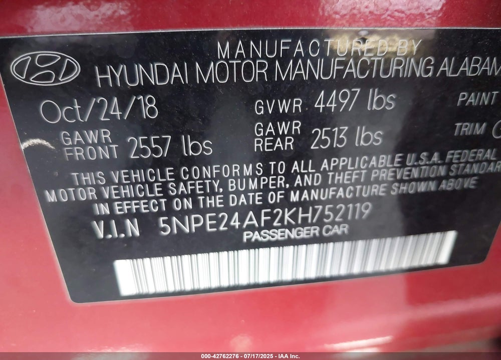 2019 HYUNDAI SONATA SE VIN: 5NPE24AF2KH752119