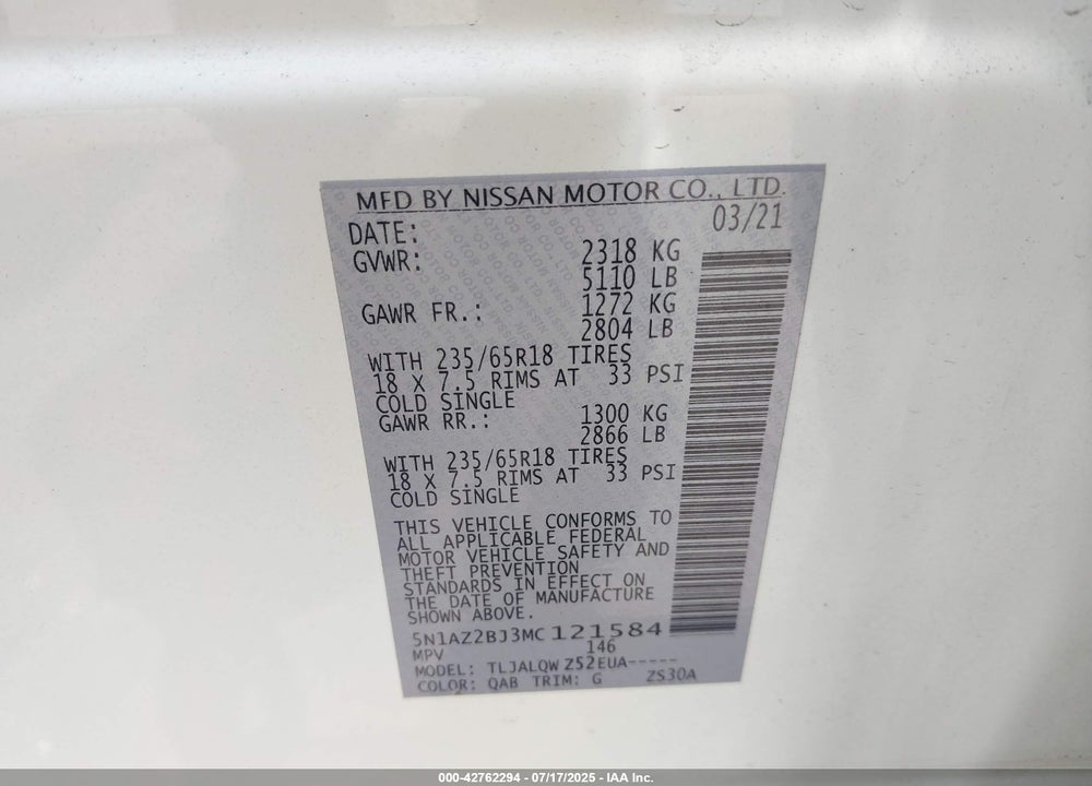 2021 NISSAN MURANO VIN: 5N1AZ2BJ3MC121584