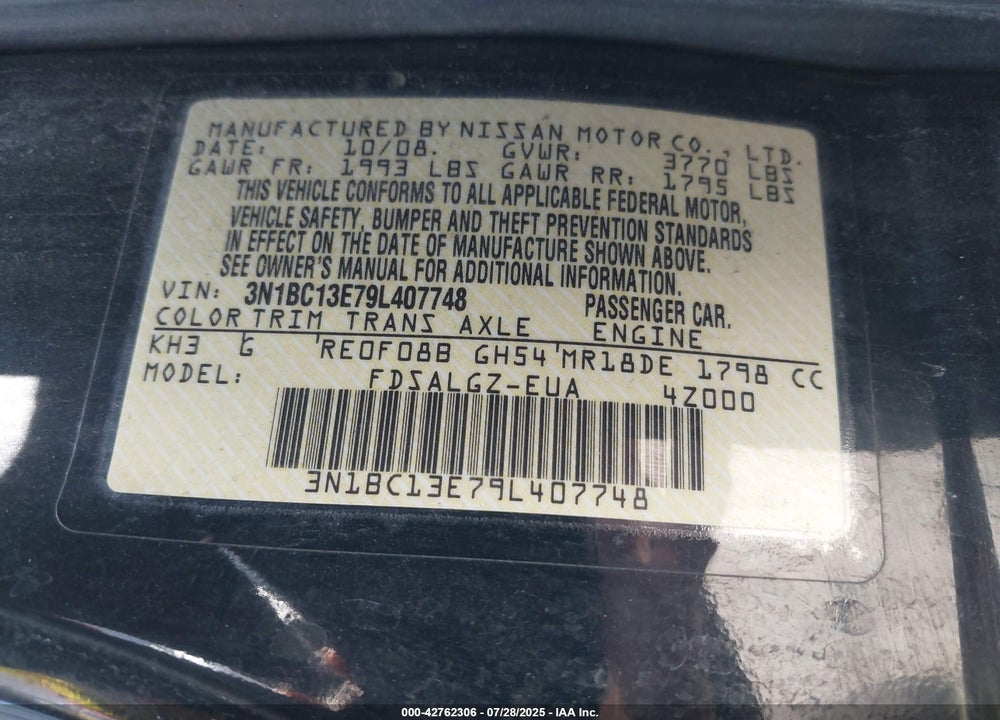 2009 NISSAN VERSA VIN: 3N1BC13E79L407748
