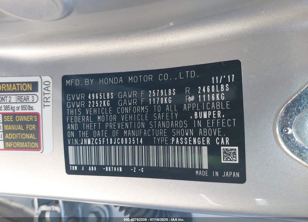 2018 HONDA CLARITY VIN: JHMZC5F18JC003514