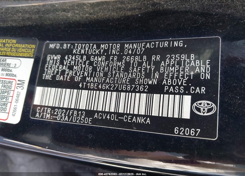 2007 TOYOTA CAMRY VIN: 4T1BE46K27U687362