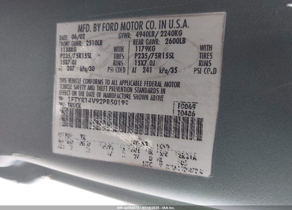2002 FORD RANGER EDGE/TREMOR/XL/XLT VIN: 1FTYR14V92PB50199