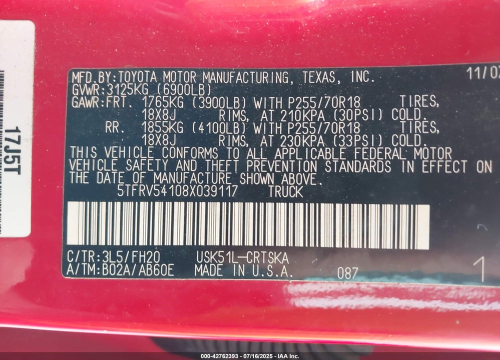 2008 TOYOTA TUNDRA BASE 5.7L V8 VIN: 5TFRV54108X039117